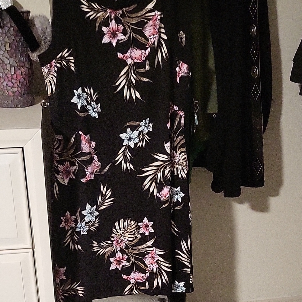 White House Black Market Black Midi Dress with Pink & Light Blue Floral Print